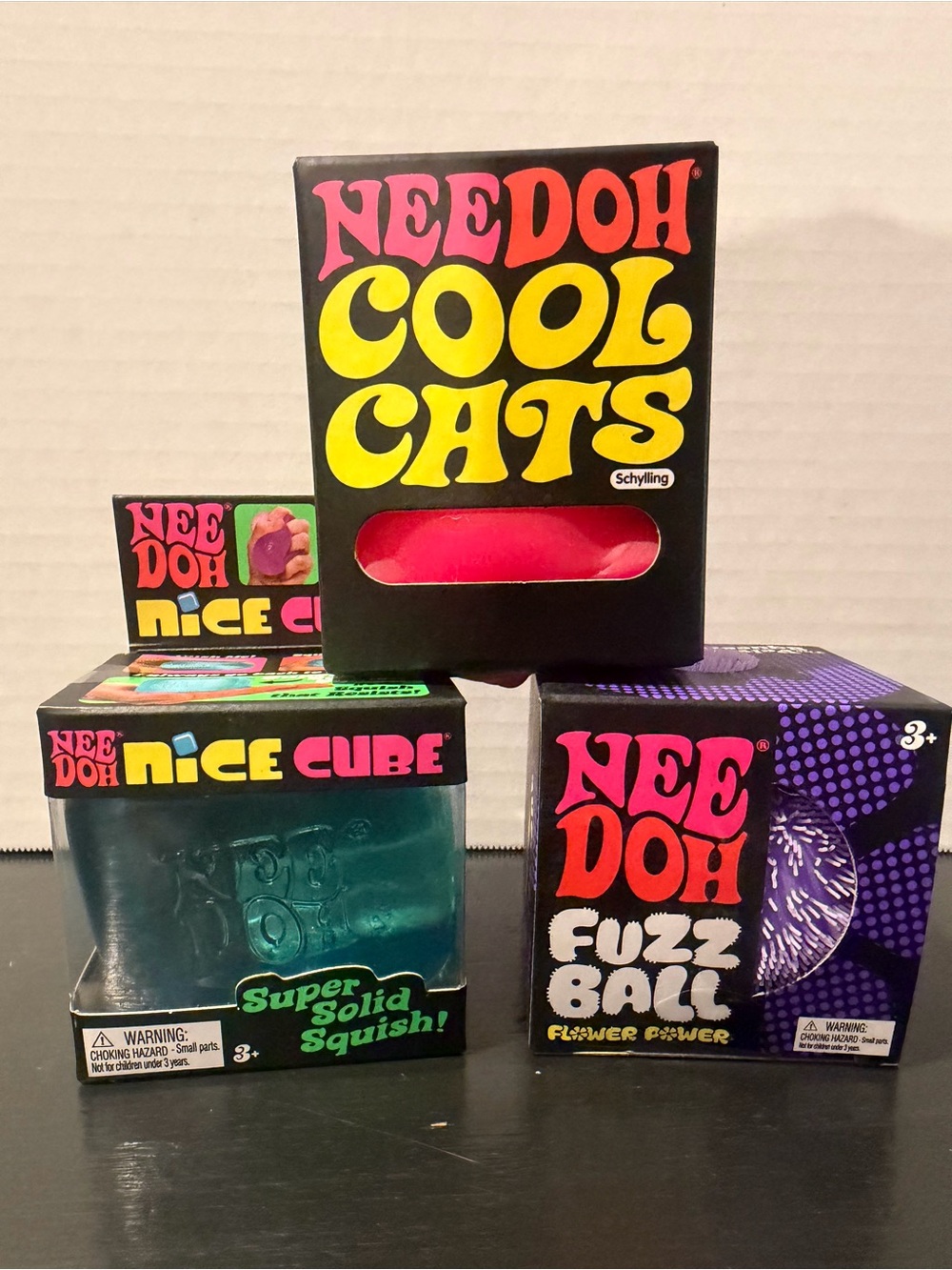 BUNDLE - 3 NeeDoh Cool Cats Flower Power Fuzz Ball Nice Ice Cube LOT pink purple